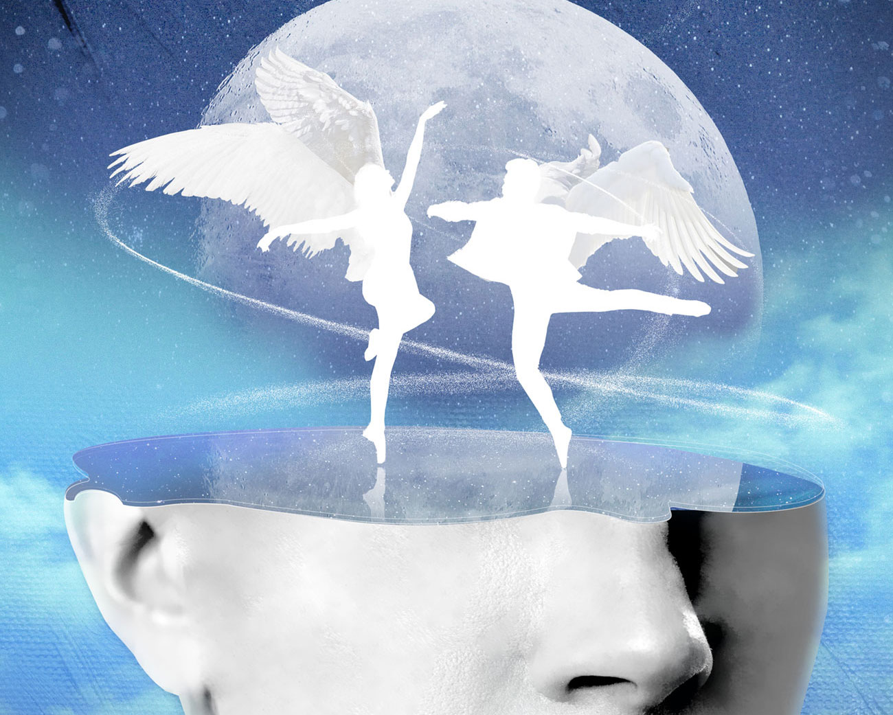 a clickable image of artwork of an face with dancers and moon