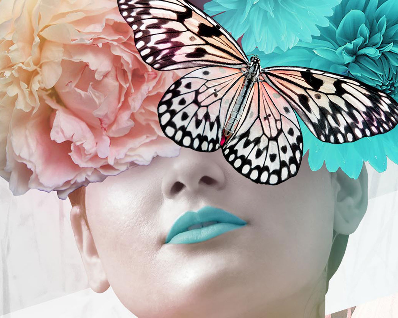 a clickable image of artwork with face flowers and butterflies