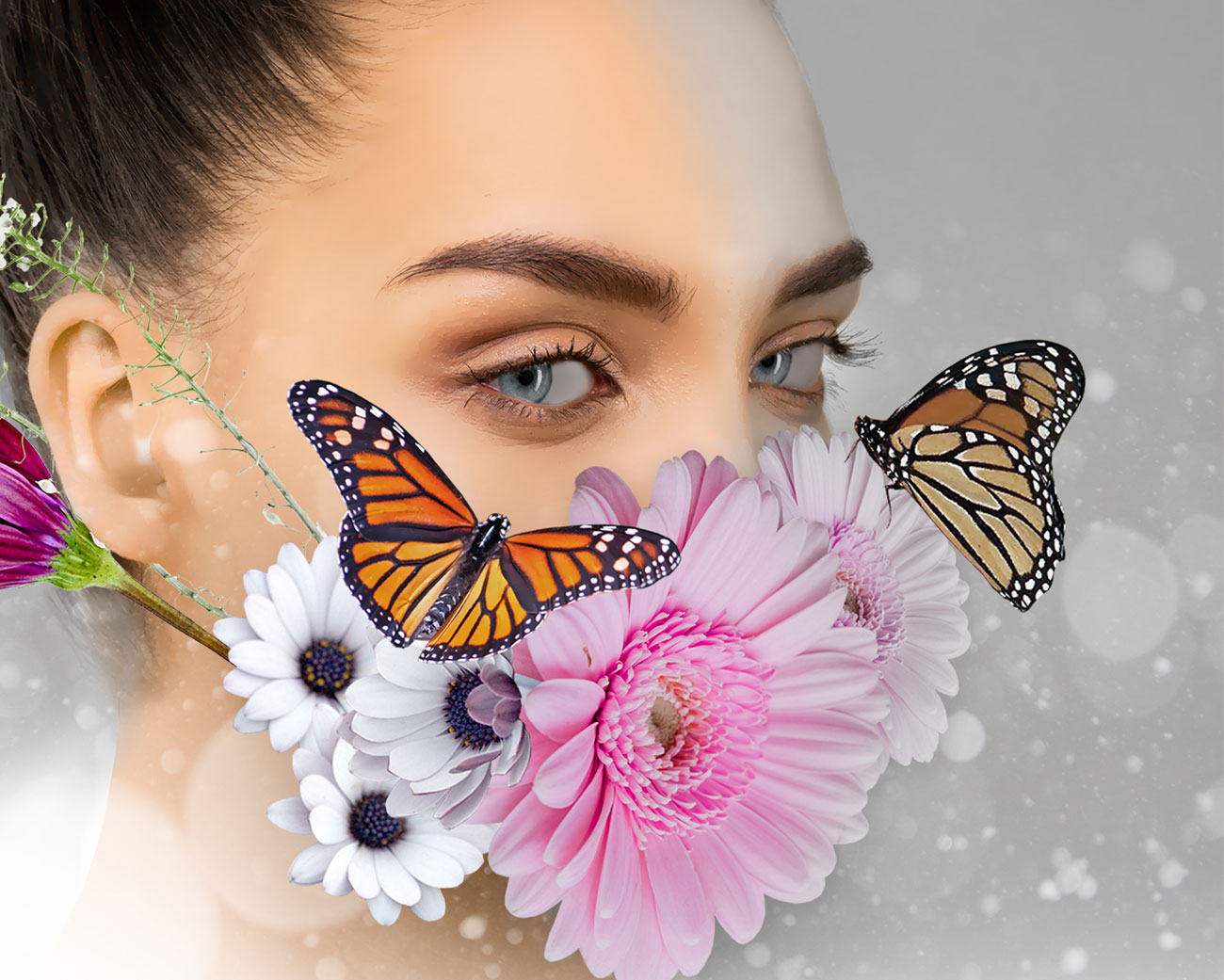 a clickable image of artwork with face flowers and butterflies with textures