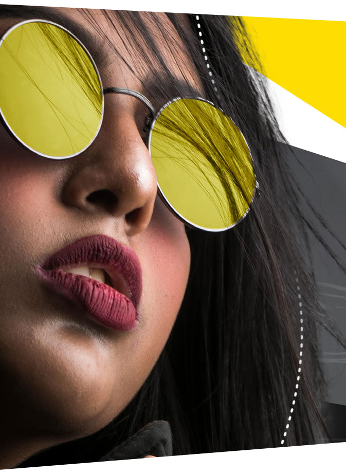 a mobile vesrion of a section divider image of a woman wearing sunglasses on a yellow background